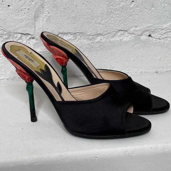Parda Milano 37 Black Satin Open Peep Toe Sculpted Floral Heeled Slide Mules - Picture 1 of 13